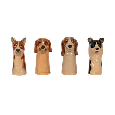 4-Piece Hand-Painted Stoneware Dog Head Vase