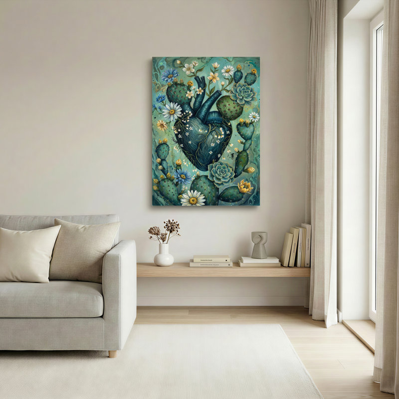 Ensemble de 1 tableau sur toile tendue représentant un cœur botanique de cactus et de fleurs, H 24 po x l 16 po