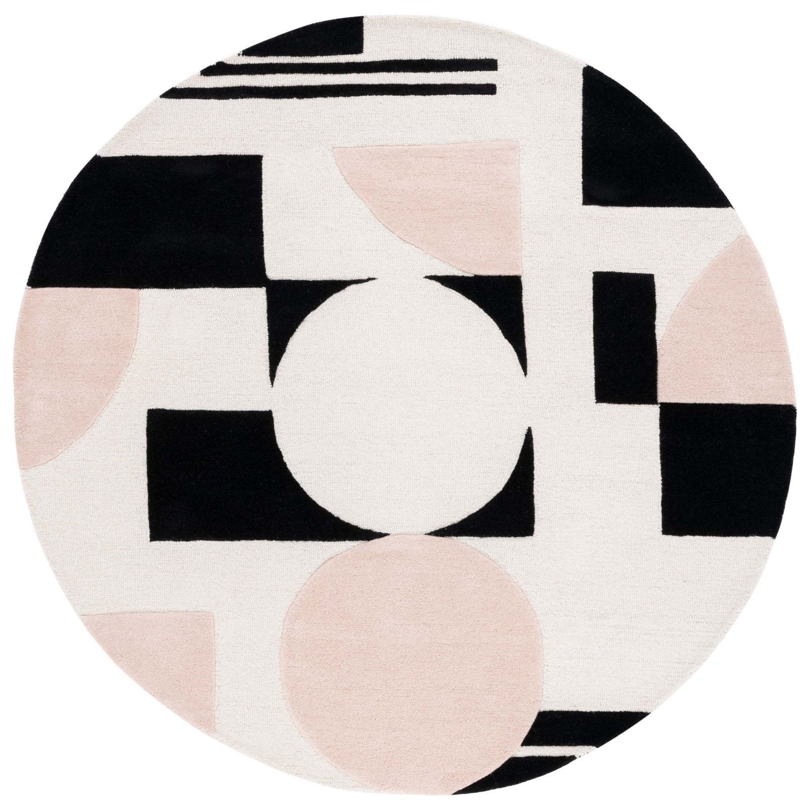 Felipe Blush Black Hand-Woven Wool Geometric Rug, Round 6'