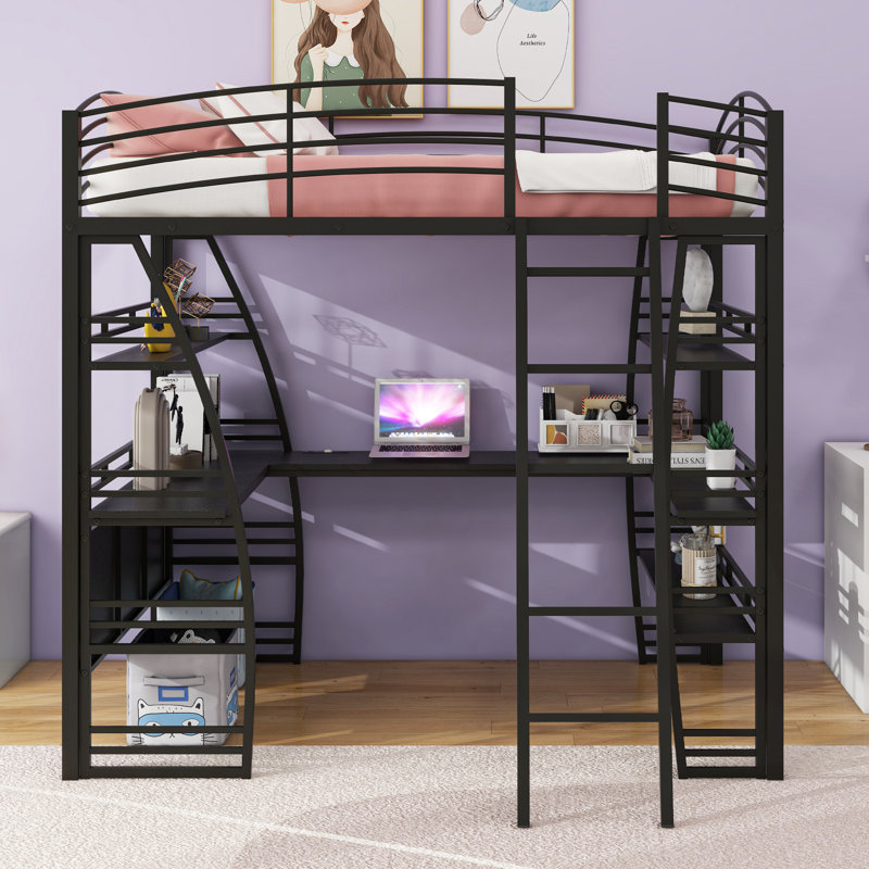 Ardelia Loft Bed with Desk, Bookcase and Charging Station, Black, Full