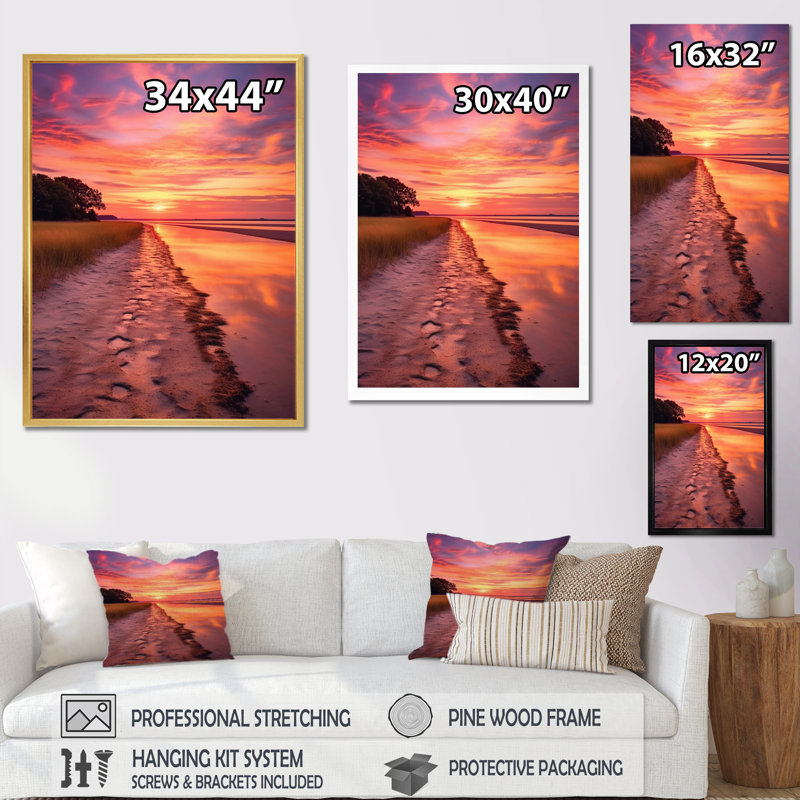 «Sunset On Beaufort Beach South Carolina», reproduction sur toile, 32" H x 16" W, Cadre flottant blanc