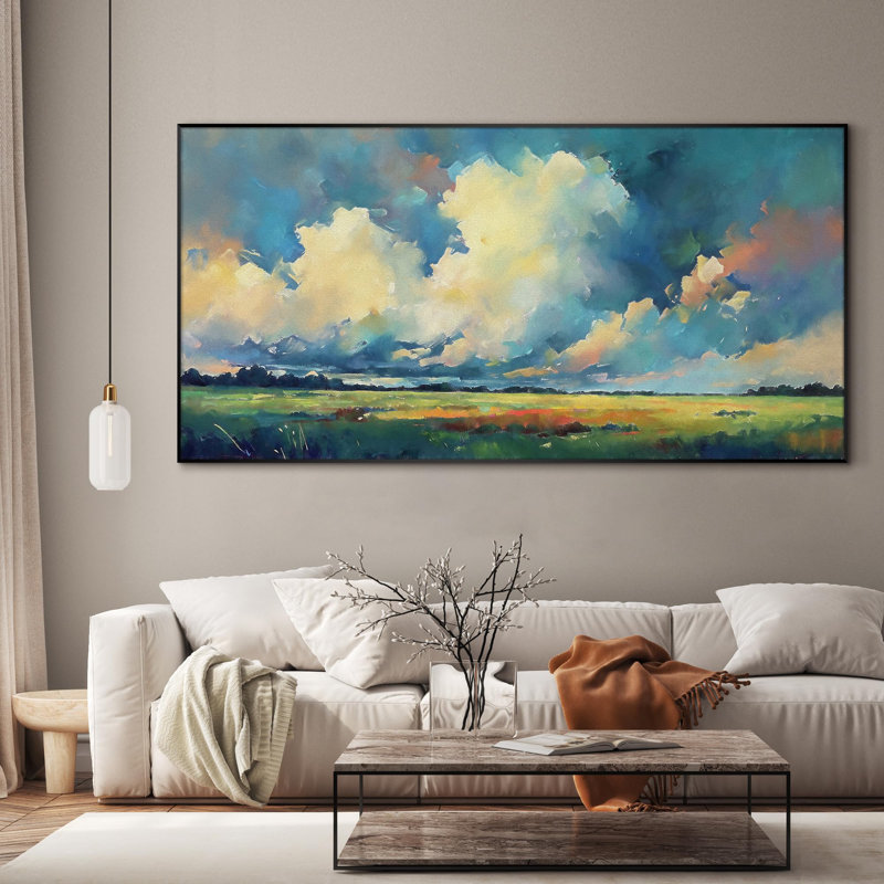 Clouds Landscape Green Field with Sky French Country Extra Large Framed Wall Art Print Decor (Frame Assembly Required)