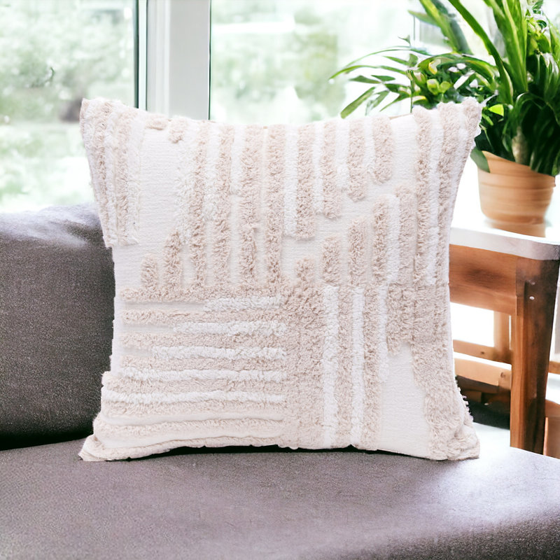 Housse de coussin décoratif en coton à rayures géométriques 22 po, Crème, polyester