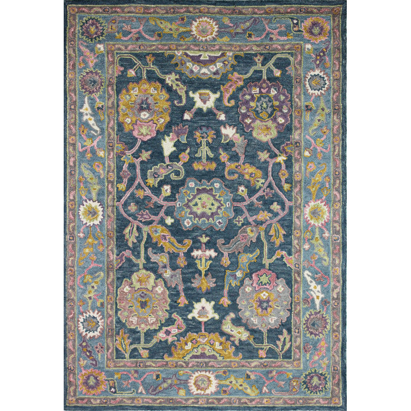 Tapis bleu sarcelle en laine touffeté à la main Lonnie, Rectangle 3 pi 6 po x 5 pi 6 po