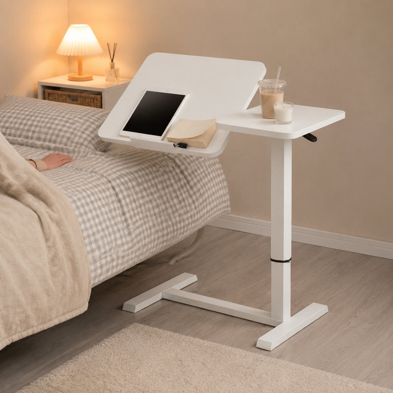 Table de chevet blanche réglable au-dessus du lit avec plateau incliné divisé pour la chambre à coucher et le bureau personnel