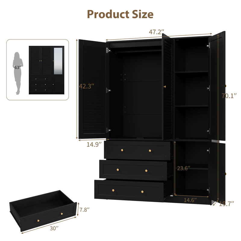 Armoire-penderie en bois de 178 cm avec miroir et 3 tiroirs, grande armoire autoportante pour le rangement de la chambre, noire