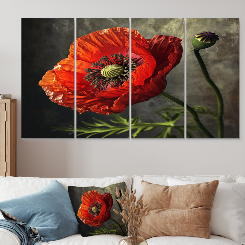 Gros plan sur un coquelicot rouge - coquelicot 4 pièces, H 28 po x l 48 po