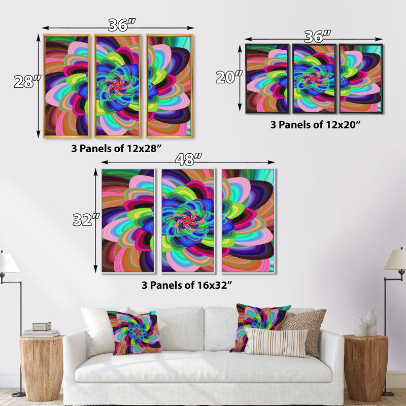 Abstrait coloré fleur spirale - ensemble d'art mural moderne sur toile encadrée moderne de 3, Noir