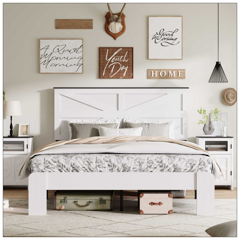 Queen Wood Platform Bed Frame with Headboard and Large Under Bed Storage, White, Queen