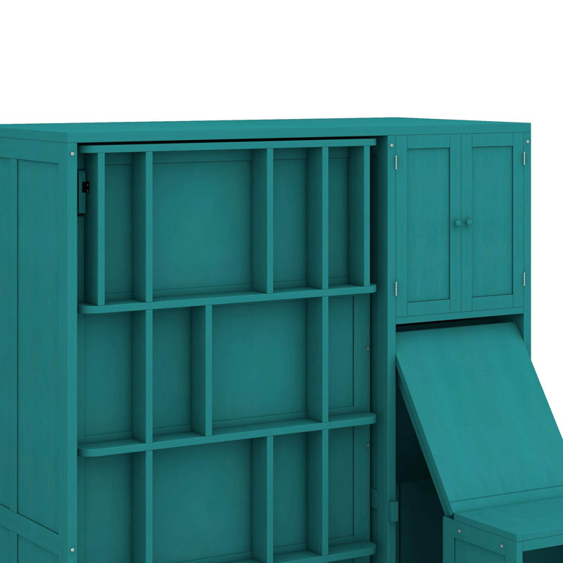 Lit escamotable mural simple avec bibliothèque, armoire supérieure, bureau extensible et rangement latéral, Sarcelle