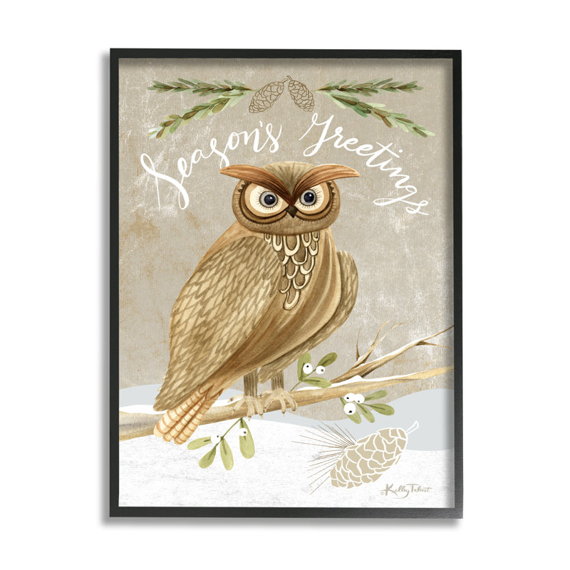 Season's Greetings Winter Snowscape Owl, H 20 po x l 16 po x P 1,5 po, Giclée encadrée noir minuit