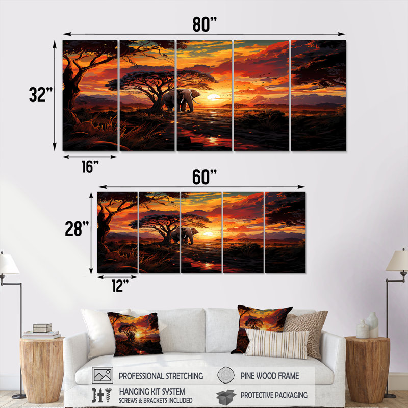 "Coucher de soleil africain avec 5 éléphants" 5 pièces, H 28 po x l 60 po
