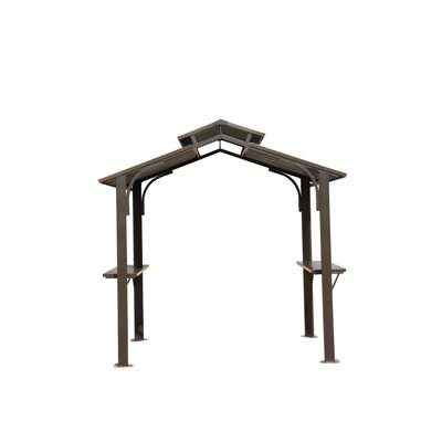 8'X5' Grill Gazebo - Steel, Double Roof, Side Shelf Option Brown 8X5ft For Bbq And Leisure. Galvanized Steel Shelves, Ceiling Hook Patio Deck Yard