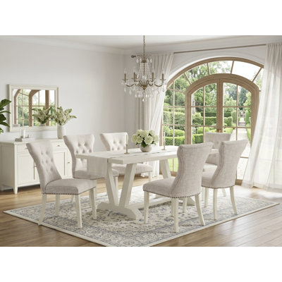 7-pc dining room table set with a wonderful linen white table top and 6 Beautiful Kitchen Parson Chair with Nail heads and Button Tufted, Wire Brushed Linen White