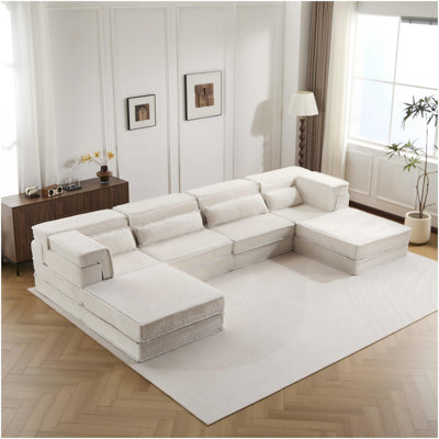 Canapé à compression Mahjong, canapé-lit convertible au sol, canapé modulaire modulaire désossé DIY, aucun assemblage requis, tissu polaire circulaire, surdimensionné à 4 places avec 2 repose-pieds, blanc