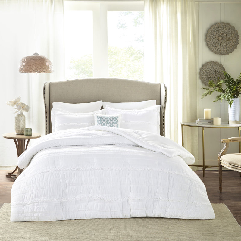 Microfiber Comforter White Queen - Ruffled And , Filled, 5 With Comforter, 2 Shams, Decorative Pillow, Bed Skirt, Machine Washable Filling Includes