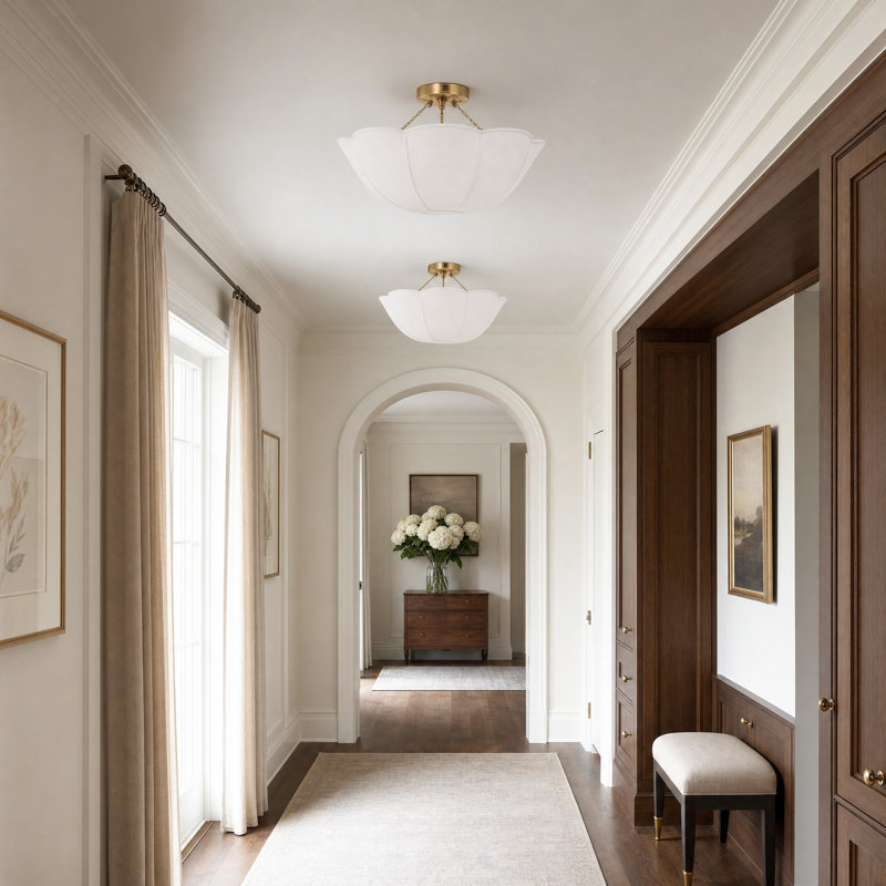 White Linen Fabric Shade Semi Flush Mount, Burnished Brass