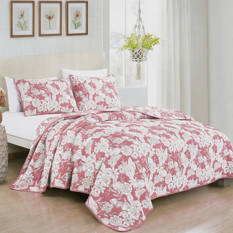 Ensemble de courtepointe réversible à motif floral rose et blanc matelassé, couvre-lit léger en polycoton avec motif botanique et taies décoratives