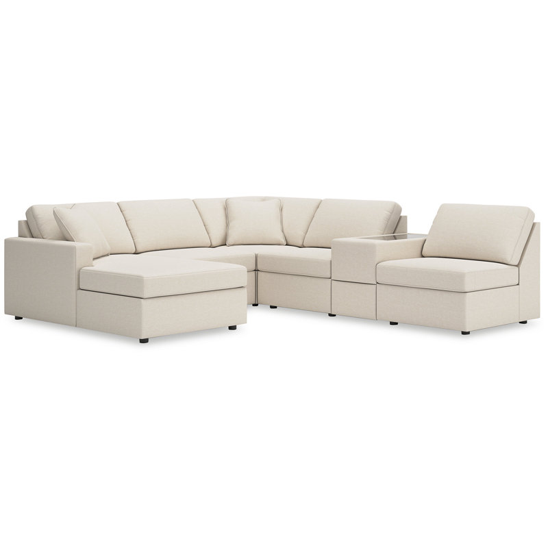 Canapé modulaire 6 pièces avec méridienne et console de rangement Chobanyan, Polyester beige, Face à la gauche