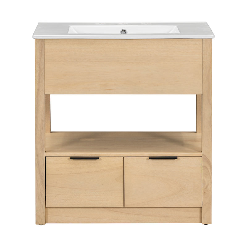 Meuble-lavabo sur pied simple avec plateau en céramique 30 po Ethne, Bois naturel