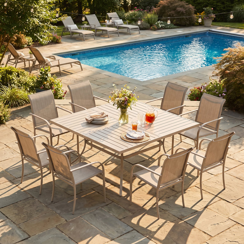 Erilas 8-Person Metal Patio Dining Set with Square Table, Beige/Beige