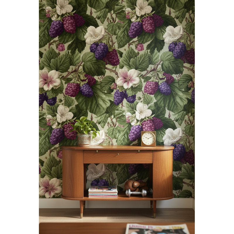 Papier peint floral rétro avec motif de baies double nature