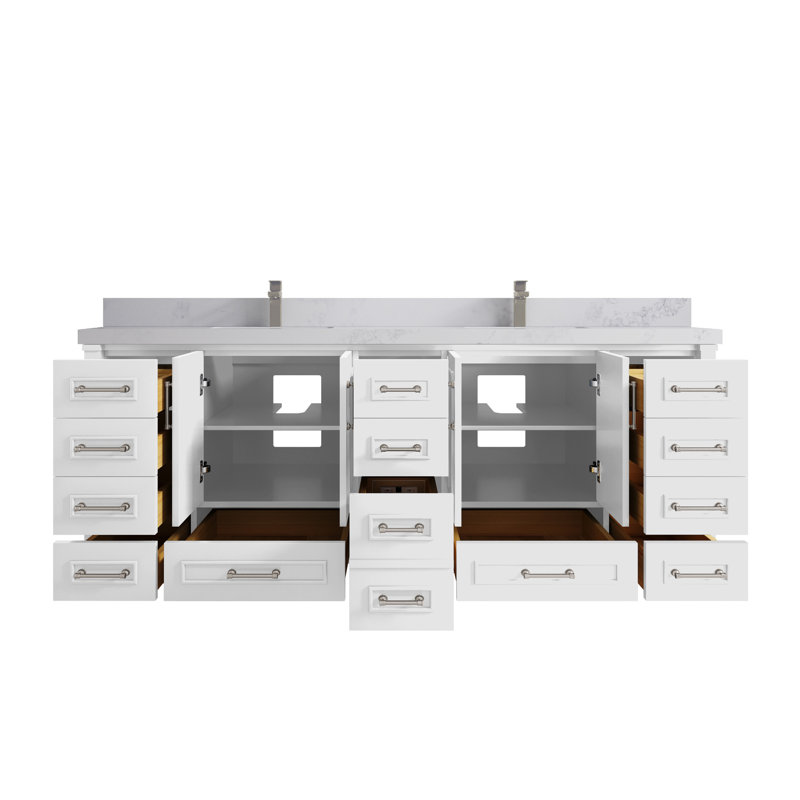 Aberdeen 84'' Double Bathroom Vanity with Quartz Top, Calacatta Nuvo, White