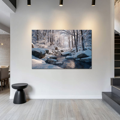 Large Winter Forest Wall Art - Snowy River Winter Scene Canvas Wall Art, Landscape Winter Tree Pictures Wall Decor for Living Room, Winter Wonderland Art Framed Wrapped Canvas Print,