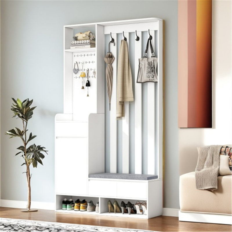 Versatile Hall Tree with Cushioned Bench and Multiple Storage Options, White