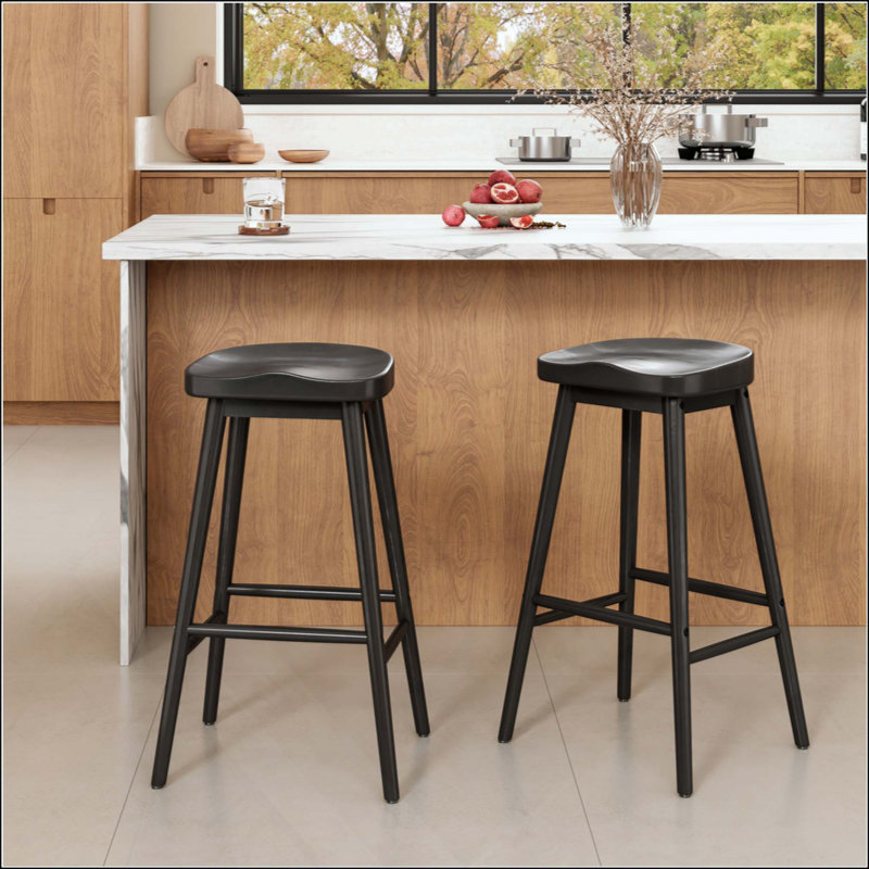 Tabourets de bar en bois massif, ensemble de 2 tabourets de comptoir à dossier en selle avec repose-pieds, chaises de bar rustiques de style Mid-Century pour îlot de cuisine et salle à manger
