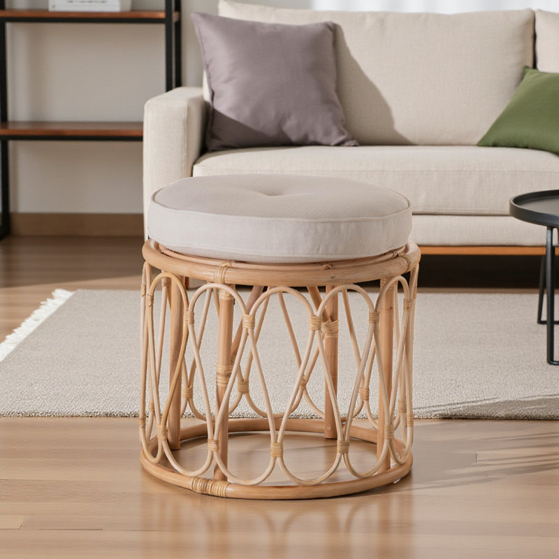 Anila Ottoman Footstool in Natural Rattan & Beige Fabric Upholstered, 17.44" H X 21.55" W X 21.55" D