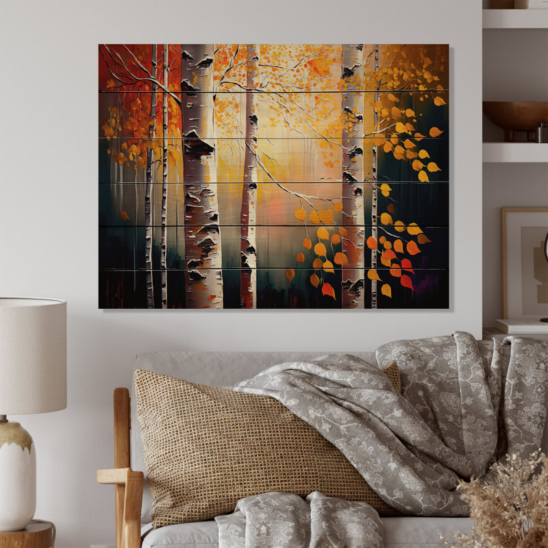 Forêt de bouleaux d'automne Barbato II - impression sans cadre sur bois, H 34 po x l 44 po x P 1,5 po