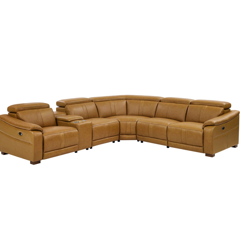 Canapé d'angle en similicuir avec fauteuil inclinable réglable, console de rangement et porte-gobelets, 5 places, couleur gingembre, largeur 115,15 po, profondeur 30,65 po, hauteur 30,65 po, poids 425,86 lb (forme tonique).