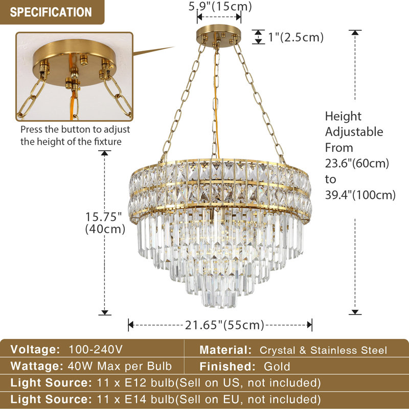 Lustre empire en cristal Imma, Doré, H 39,4 po x l 21,65 po x P 21,65 po