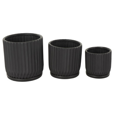 3 Piece Ceramic Ribbed Planter With Attached Saucer Set