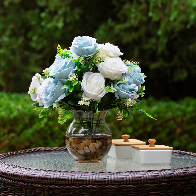 Silk Rose Arrangement in Vase, Cream/Blue