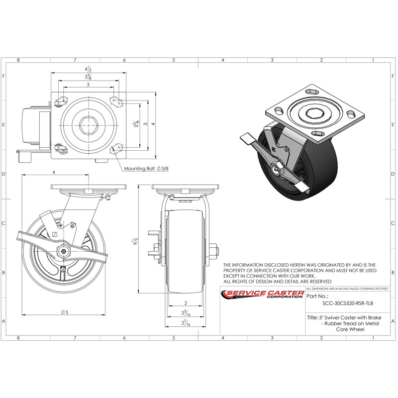 5 Inch Rubber on Steel Caster Set with Roller Bearings 2 Brakes 2 Rigid SCC|SCC-30CS520R-TLB-2-R520-2