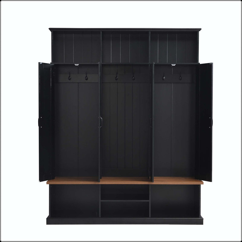 62.2" Entryway Hall Tree with Bench, Top Cubbies & Bottom Storage, Black