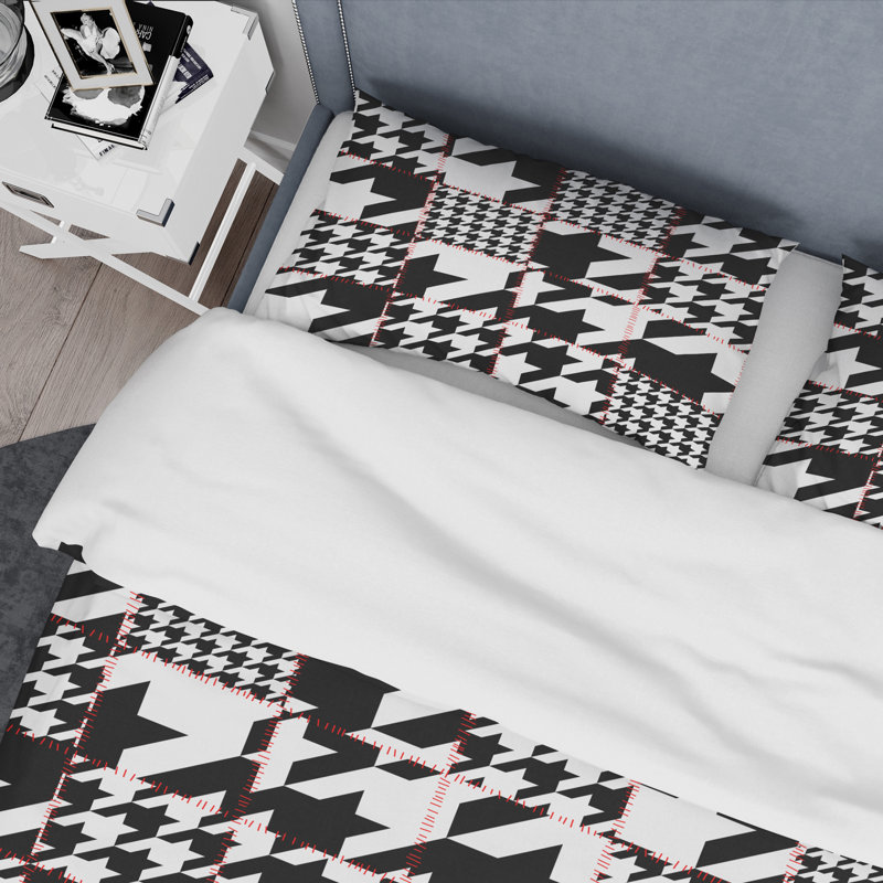 Ensemble de housse de couette Heart Mid-Century, Housse de couette simple + 1 taie décorative, Pied-de-poule classique