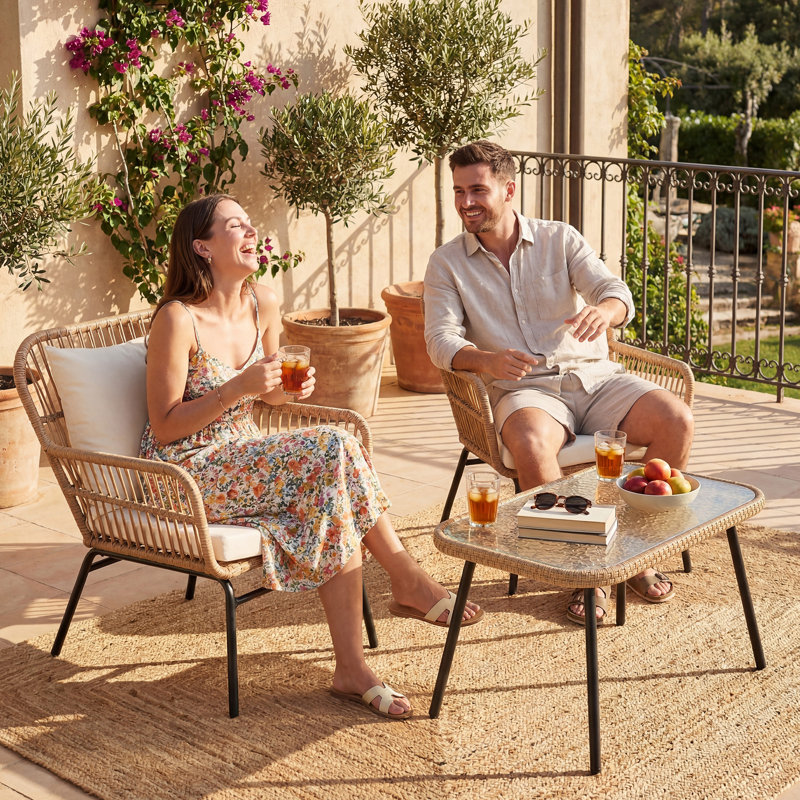 Alfhild 2 - Person Boho Natural Wicker Patio Conversation Set with Cushions and Rectangular Table, Beige/Beige