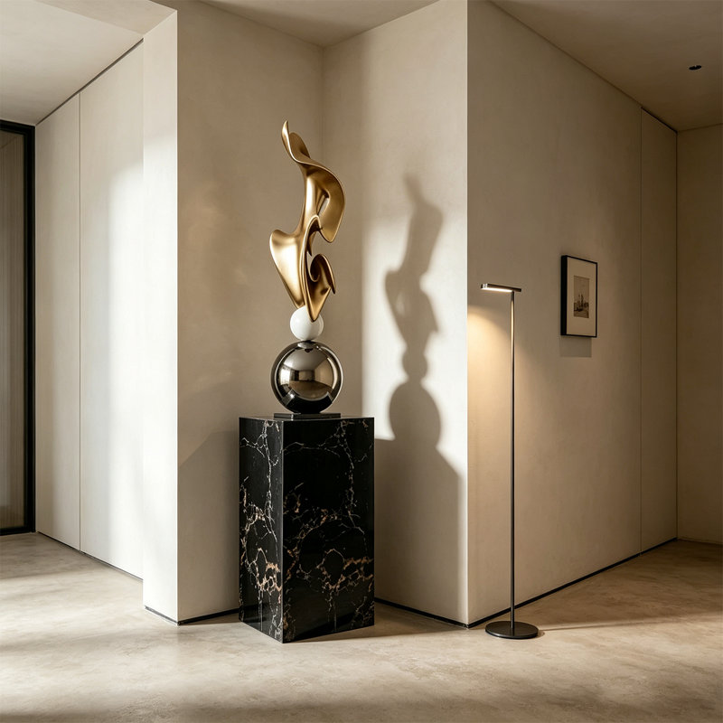 Sculpture d'art géométrique moderne de 160 cm (62,99 pouces) plaquée électrolytiquement avec socle noir, Or/noir