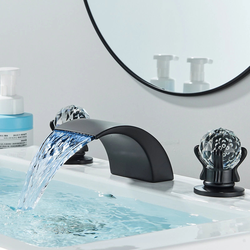 Matte Black Hydro-Powered LED Waterfall Faucet, 3 Hole Deck Mount Crystal Handle Bathroom Sink Faucet