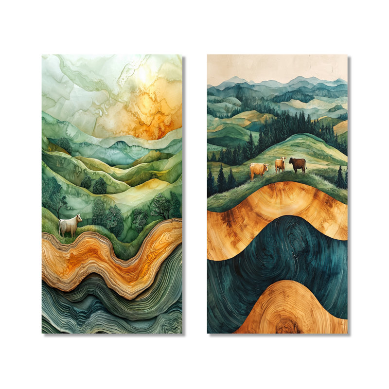 Cows into a Summer Field Landscape I - Green Cow, art mural en métal 2 pièces, 40" H x 40" W