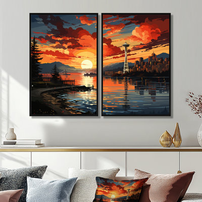Orange Yellow City Seattle Popart - Large Seattle Canvas Wall Art Set Of 2