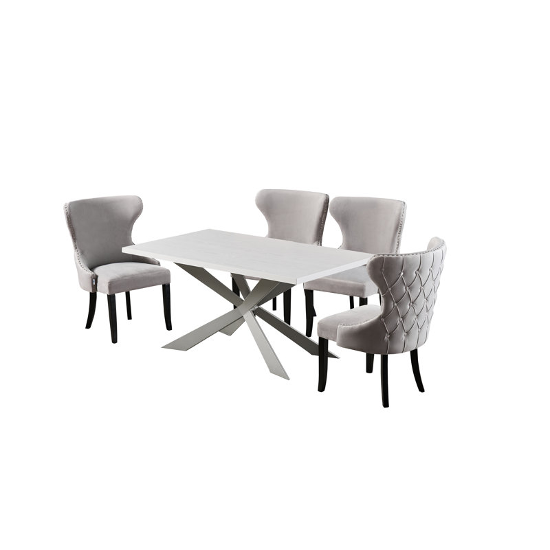 Bootle 4 Person Dining set - a Rectangular Wooden Dining Table with Metal Legs and a Set of 4 Quilted Velvet Dining Chairs for Dining Room - Modern Dining Table Set