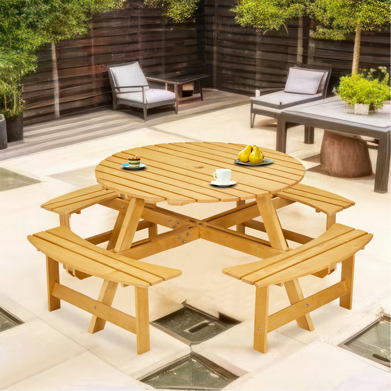 8-Person Outdoor Round Picnic Table Set With 4 Built-In Benches & Umbrella Hole - Perfect For Garden, Backyard, Porch & Patio - Natural Wood