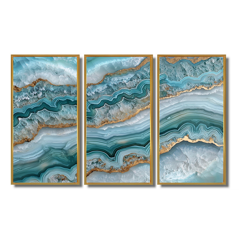 Agate «Dream River», ensemble de reproductions d'art sur pierre, H 28 po x l 36 po, Reproduction avec cadre flottant, Doré