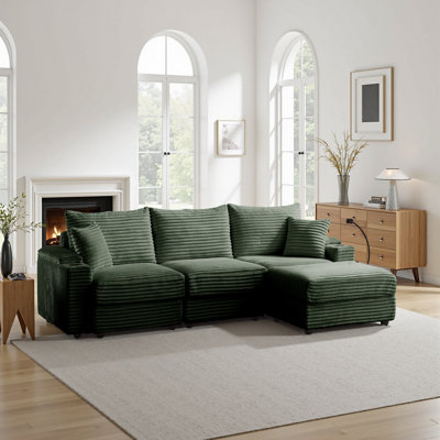 4-Piece Modular Sofa With Ottomans, Comfy Corduroy Upholstered Cloud Modular Convertible Couch With Cup Holders And USB, Phone Holder,Armrest Storage, Deep Seat Oversized