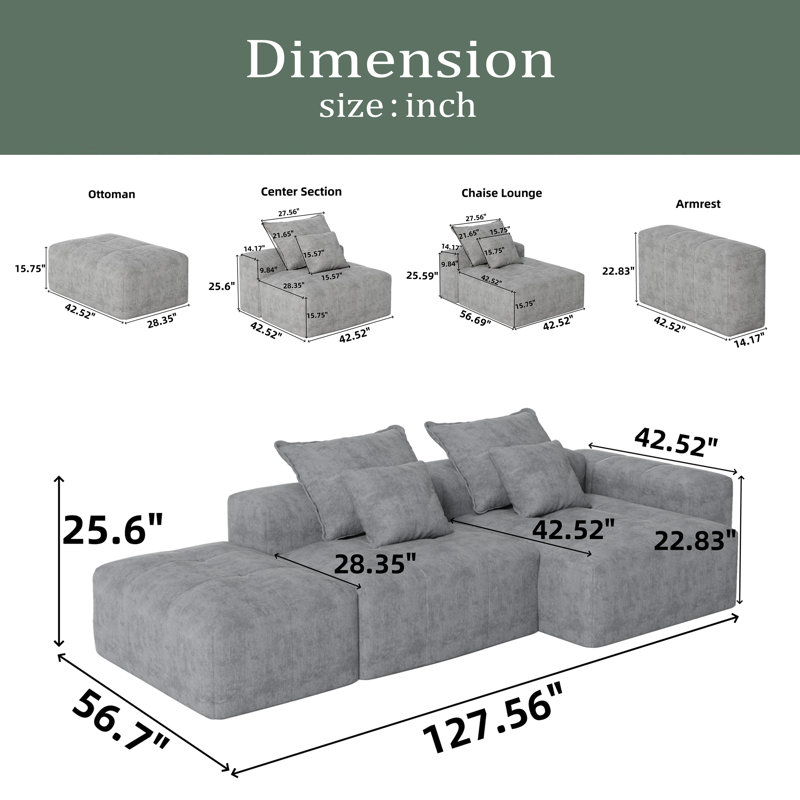 Canapé modulaire surdimensionné Modern, Chenille grise
