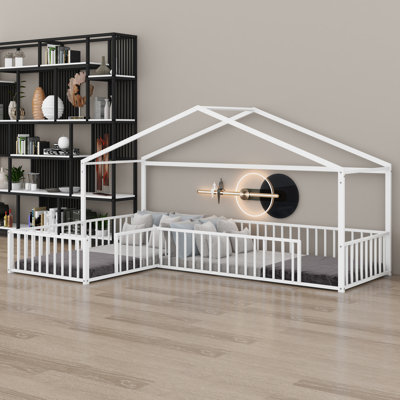 Double L-Shaped Montessori Bed, Corner House Frame with Fence